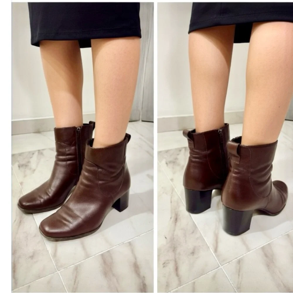 Dark Brown Genuine Leather Ankle Boots Block Heel Size 9M